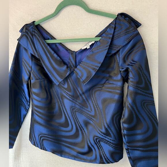 Opening Ceremony Blue Black Shiny Long Sleeve Formal Button Back Top - Picture 5 of 8